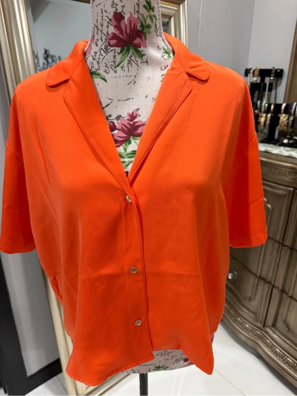 Michael Kors Vibrant Orange Short-Sleeve Button-Down Blouse